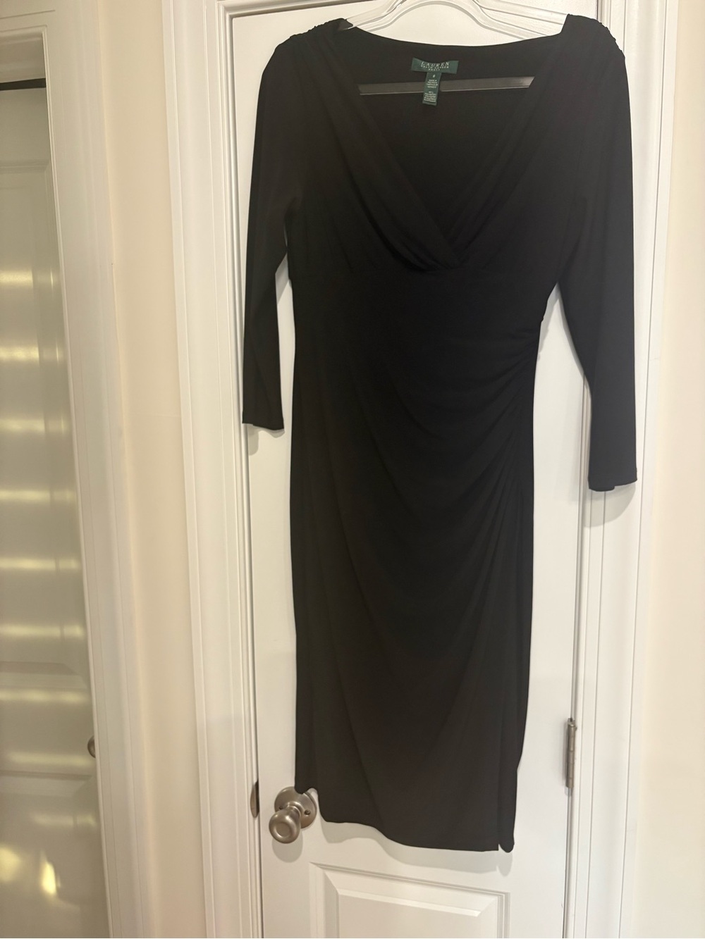 Ralph Lauren Black Long-Sleeve Draped V-Neck Sheath Dress